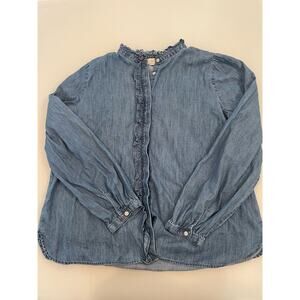 LOFT Button Front Denim Blouse Size L 100% Cotton Ruffle Detail Blue